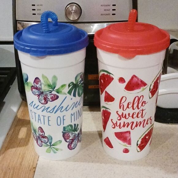 Set of 2 White & Blue 75oz Tumblers & Straws - Picture 1 of 6